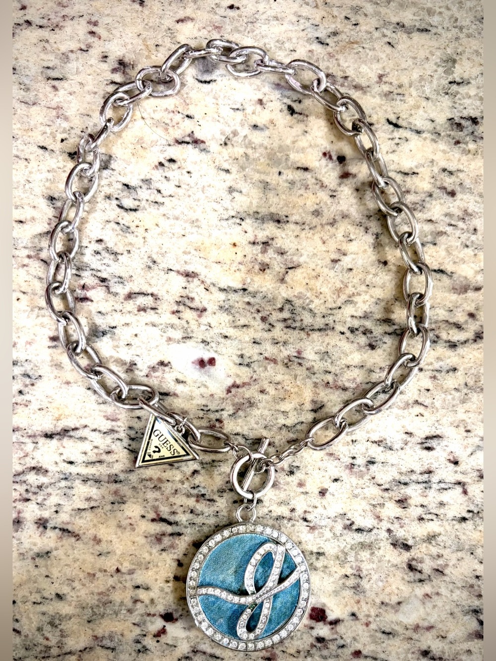 Y2K GUESS Silver Chain Necklace with Blue 'G' Crystal Pendant